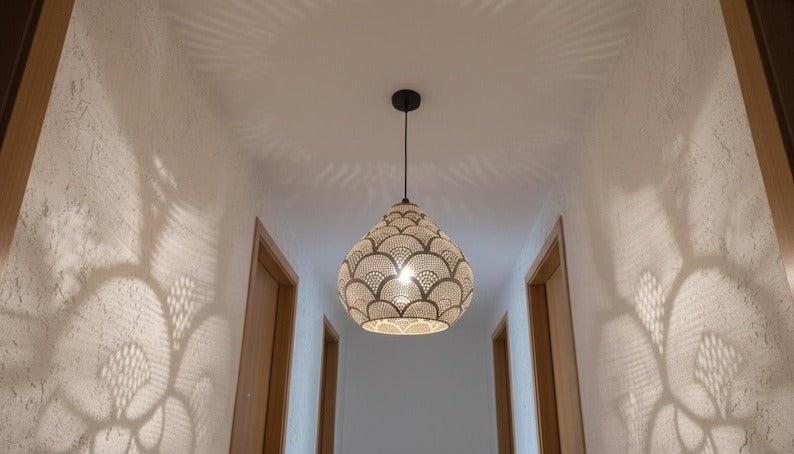 Handmade Moroccan Brass Pendant Light – Pierced Teardrop Lantern with Fish Scale Shadow Pattern for Bedroom, Entryway & Boho Home Décor