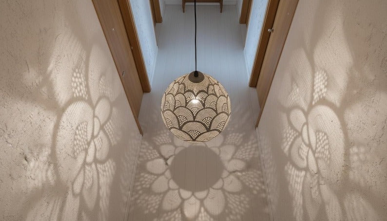 Handmade Moroccan Brass Pendant Light – Pierced Teardrop Lantern with Fish Scale Shadow Pattern for Bedroom, Entryway & Boho Home Décor