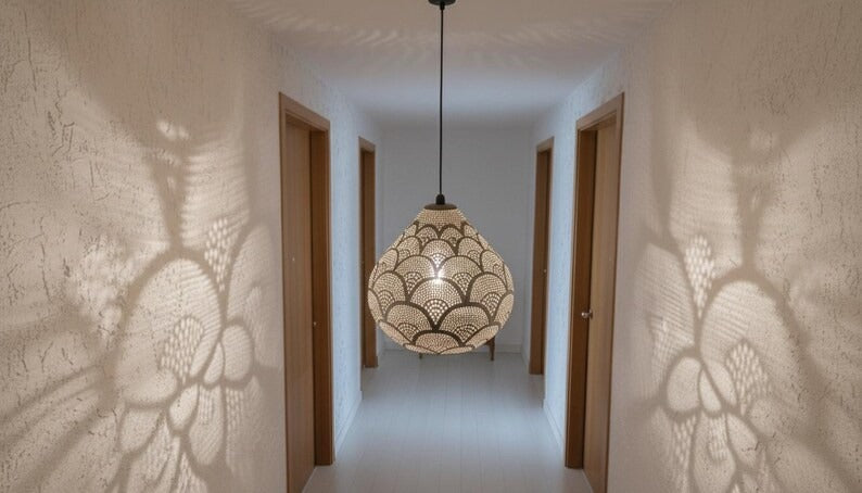 Handmade Moroccan Brass Pendant Light – Pierced Teardrop Lantern with Fish Scale Shadow Pattern for Bedroom, Entryway & Boho Home Décor