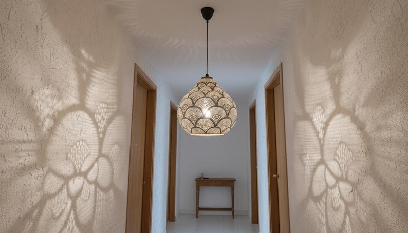 Handmade Moroccan Brass Pendant Light – Pierced Teardrop Lantern with Fish Scale Shadow Pattern for Bedroom, Entryway & Boho Home Décor