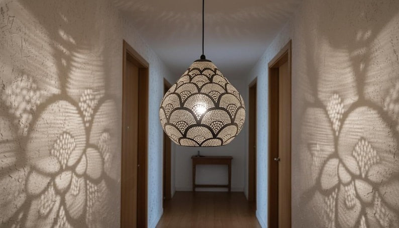 Handmade Moroccan Brass Pendant Light – Pierced Teardrop Lantern with Fish Scale Shadow Pattern for Bedroom, Entryway & Boho Home Décor