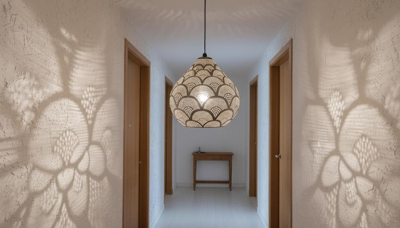 Handmade Moroccan Brass Pendant Light – Pierced Teardrop Lantern with Fish Scale Shadow Pattern for Bedroom, Entryway & Boho Home Décor