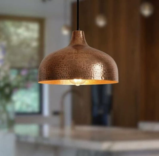 Handmade Hammered Brass Pendant Light – Moroccan Copper Dome Hanging Lamp with Warm Gold Interior for Kitchen Island, Dining Room & Boho Home Décor
