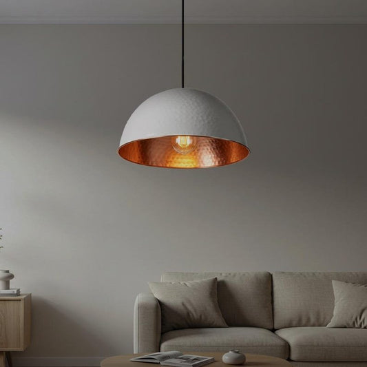 White Hammered Copper Dome Pendant Light, Handmade Moroccan White and Copper Chandelier, Modern Farmhouse Kitchen Island Hanging Lamp, Boho Minimalist Ceiling Light Fixture