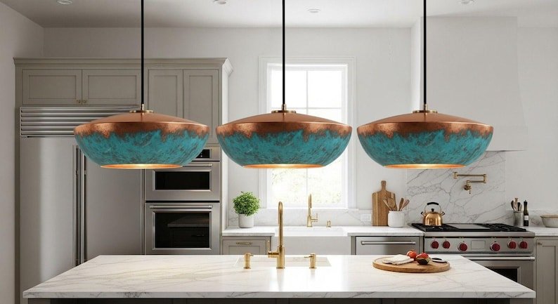 Green Patina Copper Pendant Light, Handmade Moroccan Copper Dome Chandelier, Rustic Verdigris Kitchen Island Hanging Lamp, Boho Copper Ceiling Light Fixture