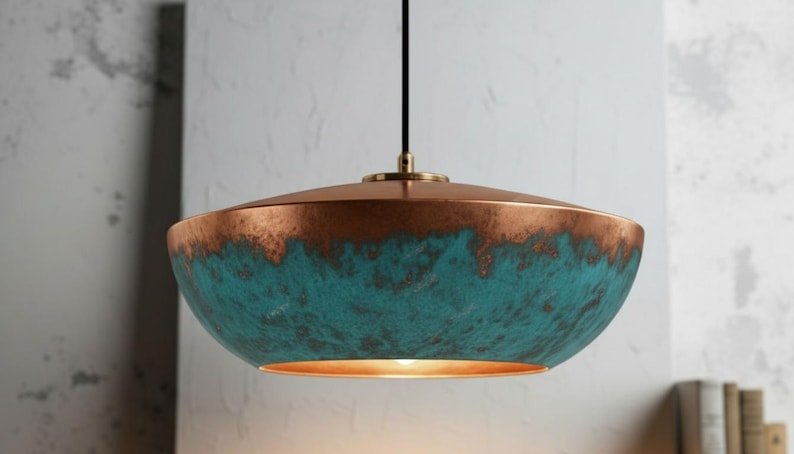 Green Patina Copper Pendant Light, Handmade Moroccan Copper Dome Chandelier, Rustic Verdigris Kitchen Island Hanging Lamp, Boho Copper Ceiling Light Fixture
