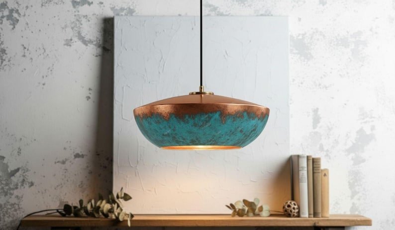 Green Patina Copper Pendant Light, Handmade Moroccan Copper Dome Chandelier, Rustic Verdigris Kitchen Island Hanging Lamp, Boho Copper Ceiling Light Fixture