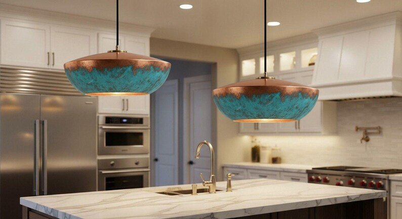 Green Patina Copper Pendant Light, Handmade Moroccan Copper Dome Chandelier, Rustic Verdigris Kitchen Island Hanging Lamp, Boho Copper Ceiling Light Fixture
