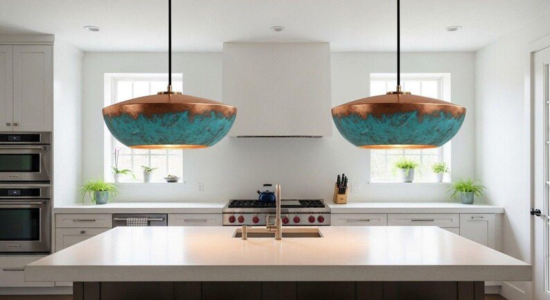 Green Patina Copper Pendant Light, Handmade Moroccan Copper Dome Chandelier, Rustic Verdigris Kitchen Island Hanging Lamp, Boho Copper Ceiling Light Fixture