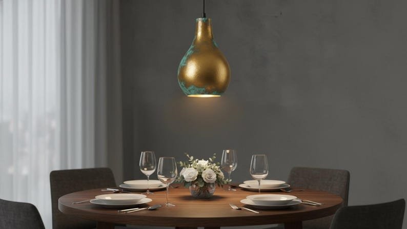 Brass Teardrop Pendant Light, Handmade Moroccan Gourd Pendant Lamp, Antique Brass and Turquoise Patina Hanging Light, Boho Rustic Kitchen Island Ceiling Fixture