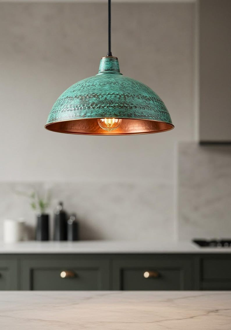 Verdigris Brass Dome Pendant Light – Hammered Green Patina Kitchen Island Chandelier with Copper Interior