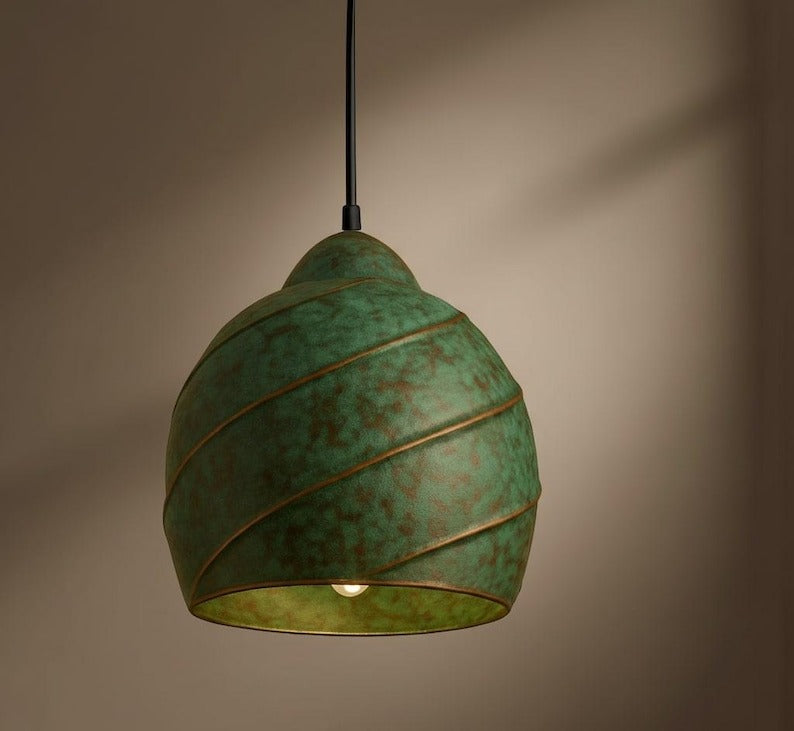 Handmade Green Patina Brass Pendant Light – Moroccan Spiral Dome Hanging Lamp for Kitchen Island, Dining Room & Boho Home Decor