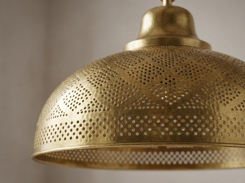 Moroccan Pierced Brass Dome Pendant Light – Antique Gold Kitchen Island Chandelier with Geometric Shadow Pattern