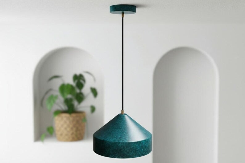 Handmade Moroccan Brass Cone Pendant Light – Dark Green Verdigris Patina Brass Hanging Lamp with Matching Ceiling Canopy, Boho Mediterranean Ceiling Light for Kitchen Island, Dining Room, Bedroom & Entryway