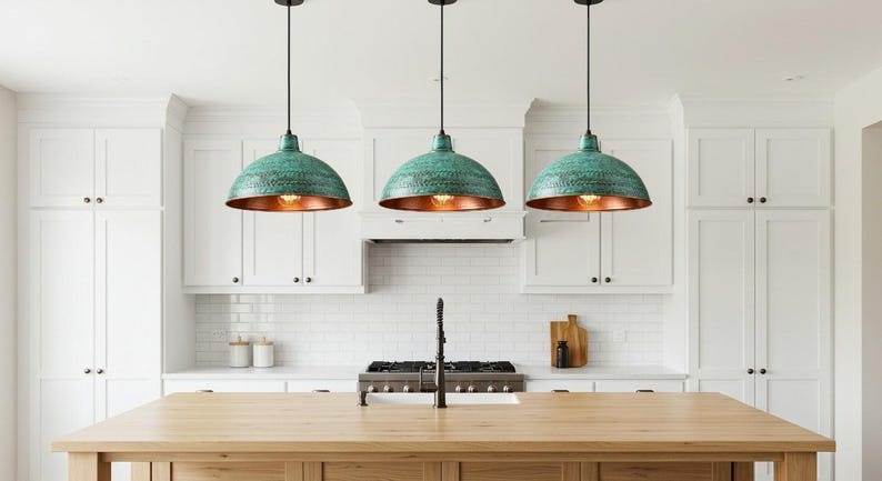 Verdigris Brass Dome Pendant Light – Hammered Green Patina Kitchen Island Chandelier with Copper Interior