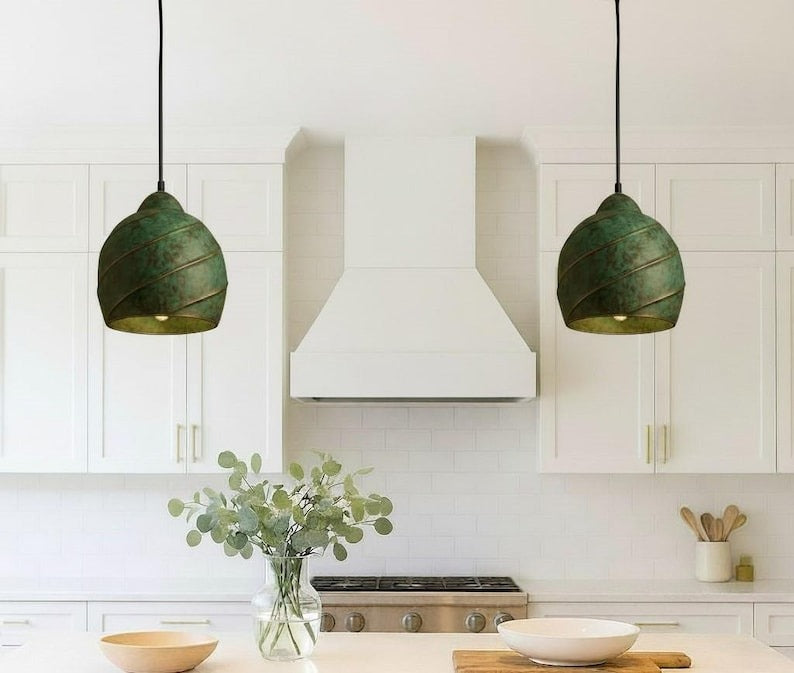 Handmade Green Patina Brass Pendant Light – Moroccan Spiral Dome Hanging Lamp for Kitchen Island, Dining Room & Boho Home Decor