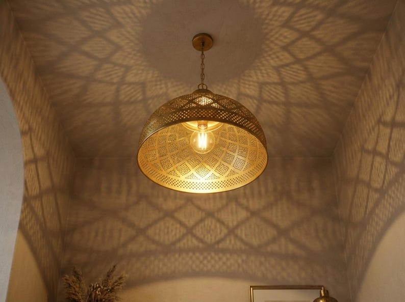 Moroccan Pierced Brass Dome Pendant Light – Antique Gold Kitchen Island Chandelier with Geometric Shadow Pattern