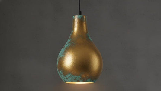 Brass Teardrop Pendant Light, Handmade Moroccan Gourd Pendant Lamp, Antique Brass and Turquoise Patina Hanging Light, Boho Rustic Kitchen Island Ceiling Fixture