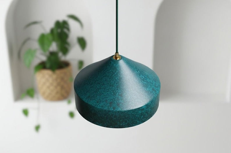 Handmade Moroccan Brass Cone Pendant Light – Dark Green Verdigris Patina Brass Hanging Lamp with Matching Ceiling Canopy, Boho Mediterranean Ceiling Light for Kitchen Island, Dining Room, Bedroom & Entryway