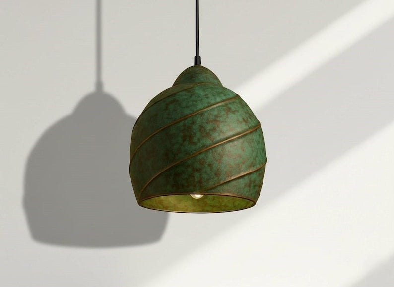 Handmade Green Patina Brass Pendant Light – Moroccan Spiral Dome Hanging Lamp for Kitchen Island, Dining Room & Boho Home Decor