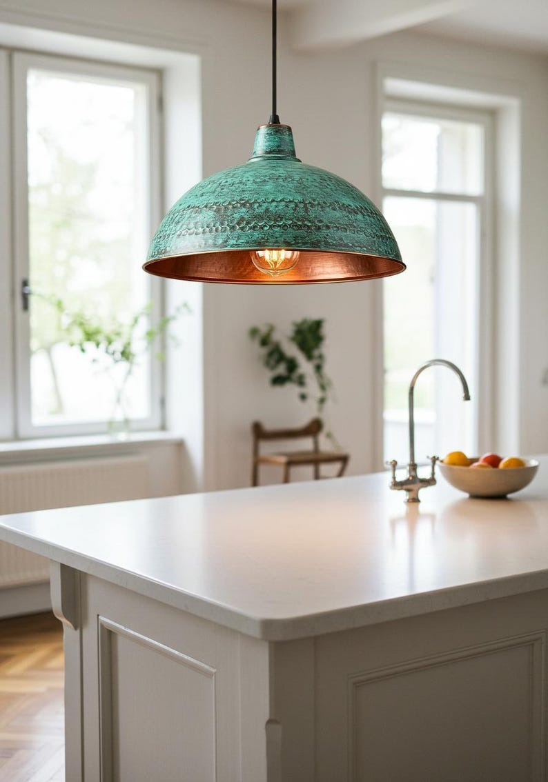 Verdigris Brass Dome Pendant Light – Hammered Green Patina Kitchen Island Chandelier with Copper Interior