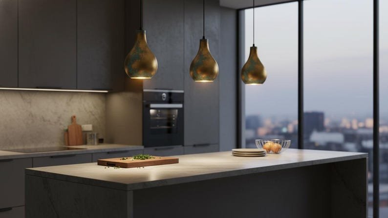 Brass Teardrop Pendant Light, Handmade Moroccan Gourd Pendant Lamp, Antique Brass and Turquoise Patina Hanging Light, Boho Rustic Kitchen Island Ceiling Fixture