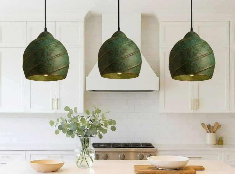 Handmade Green Patina Brass Pendant Light – Moroccan Spiral Dome Hanging Lamp for Kitchen Island, Dining Room & Boho Home Decor
