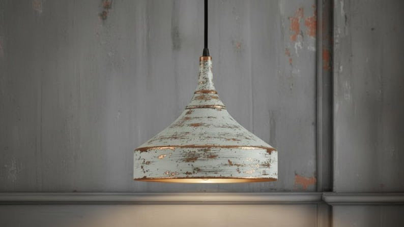 Handmade Moroccan Brass Pendant Light – Distressed White Patina Cone Ceiling Lamp, Rustic Farmhouse Kitchen Island Fixture