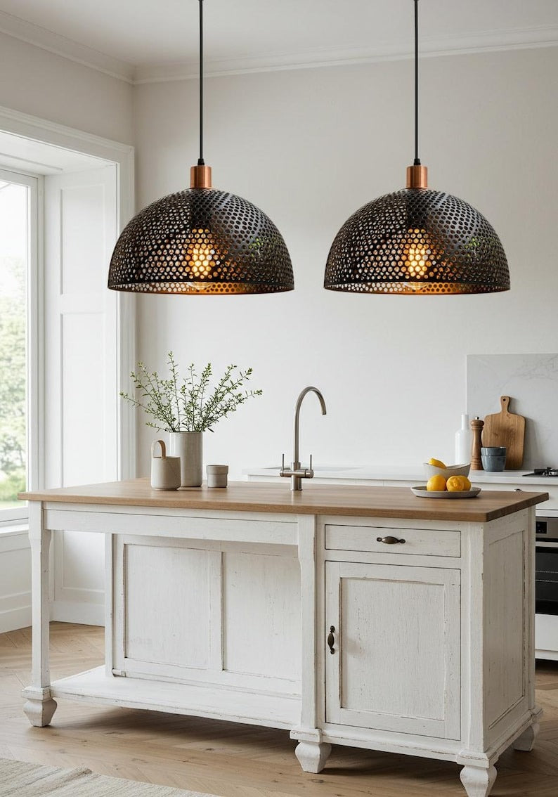 Perforated Black Brass Dome Pendant Light – Copper Accent Moroccan Kitchen Island Chandelier