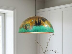 Green and Gold Patina Copper Dome Pendant Light, Handmade Moroccan Verdigris Kitchen Island Chandelier, Rustic Brass Copper Hanging Lamp, Boho Farmhouse Ceiling Light Fixture