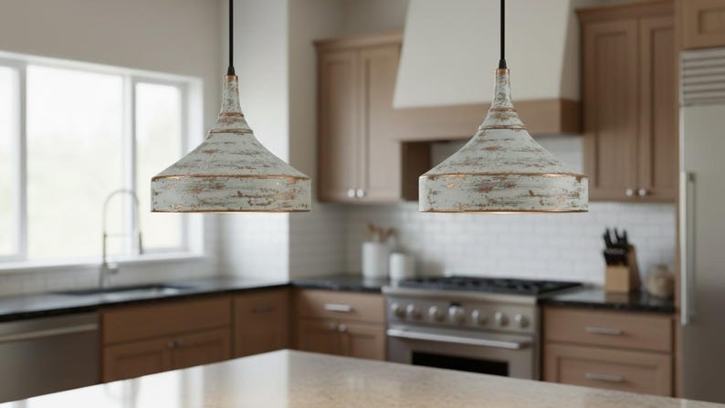 Handmade Moroccan Brass Pendant Light – Distressed White Patina Cone Ceiling Lamp, Rustic Farmhouse Kitchen Island Fixture