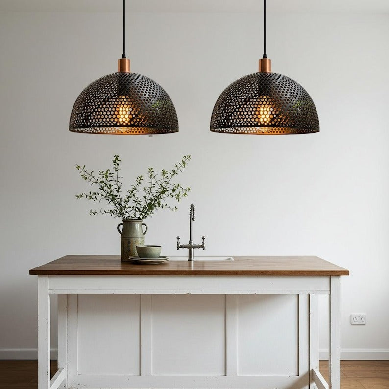 Perforated Black Brass Dome Pendant Light – Copper Accent Moroccan Kitchen Island Chandelier