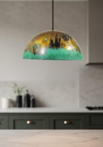 Green and Gold Patina Copper Dome Pendant Light, Handmade Moroccan Verdigris Kitchen Island Chandelier, Rustic Brass Copper Hanging Lamp, Boho Farmhouse Ceiling Light Fixture