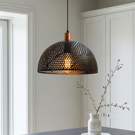 Perforated Black Brass Dome Pendant Light – Copper Accent Moroccan Kitchen Island Chandelier