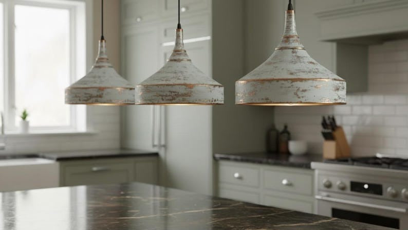 Handmade Moroccan Brass Pendant Light – Distressed White Patina Cone Ceiling Lamp, Rustic Farmhouse Kitchen Island Fixture