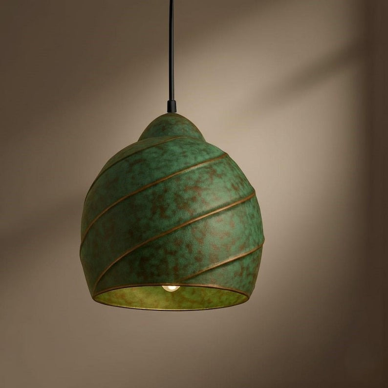 Handmade Green Patina Brass Pendant Light – Moroccan Spiral Dome Hanging Lamp for Kitchen Island, Dining Room & Boho Home Decor