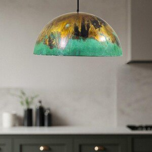 Green and Gold Patina Copper Dome Pendant Light, Handmade Moroccan Verdigris Kitchen Island Chandelier, Rustic Brass Copper Hanging Lamp, Boho Farmhouse Ceiling Light Fixture