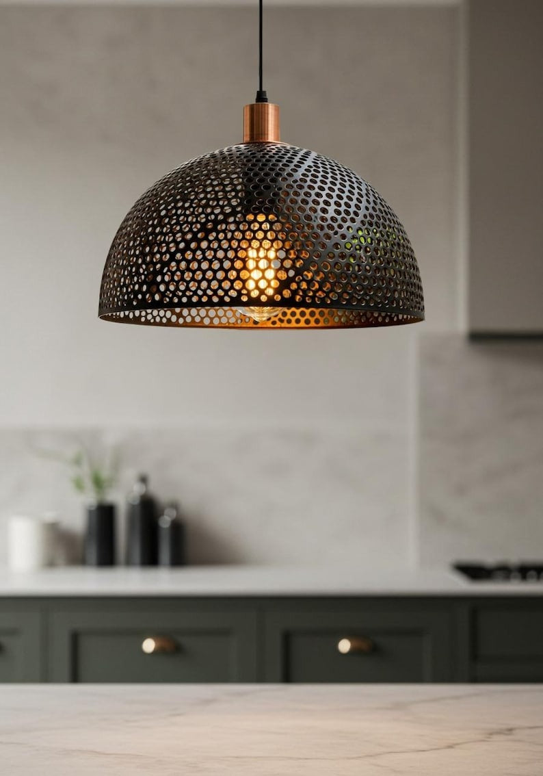Perforated Black Brass Dome Pendant Light – Copper Accent Moroccan Kitchen Island Chandelier