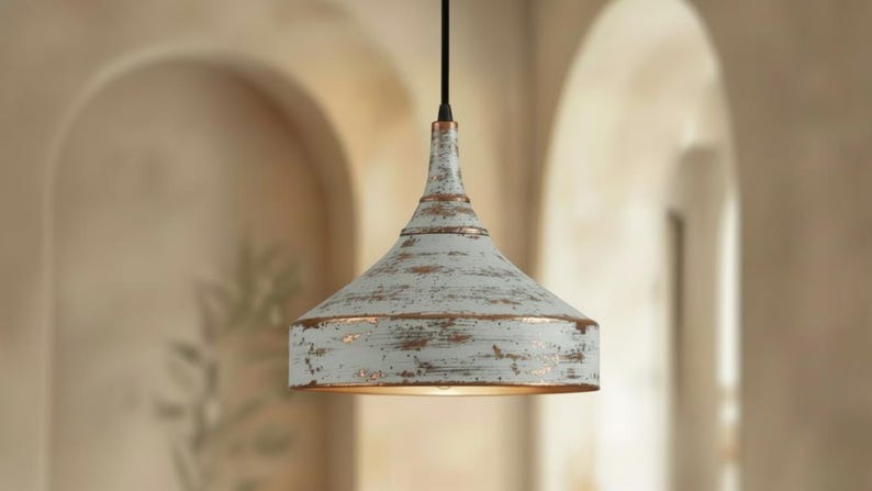 Handmade Moroccan Brass Pendant Light – Distressed White Patina Cone Ceiling Lamp, Rustic Farmhouse Kitchen Island Fixture