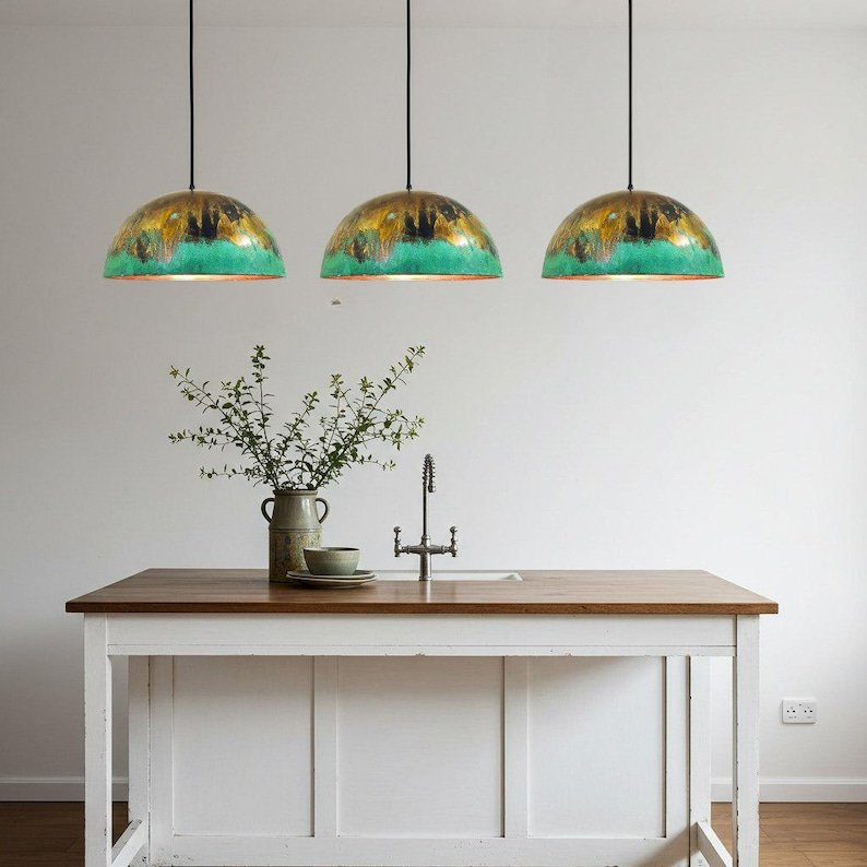 Green and Gold Patina Copper Dome Pendant Light, Handmade Moroccan Verdigris Kitchen Island Chandelier, Rustic Brass Copper Hanging Lamp, Boho Farmhouse Ceiling Light Fixture