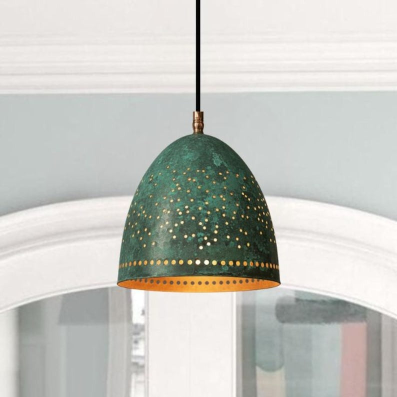 Handmade Green Patina Brass Pendant Light – Moroccan Dome Pendant Lamp with Pierced Star Pattern for Kitchen Island, Dining Room & Boho Home Décor