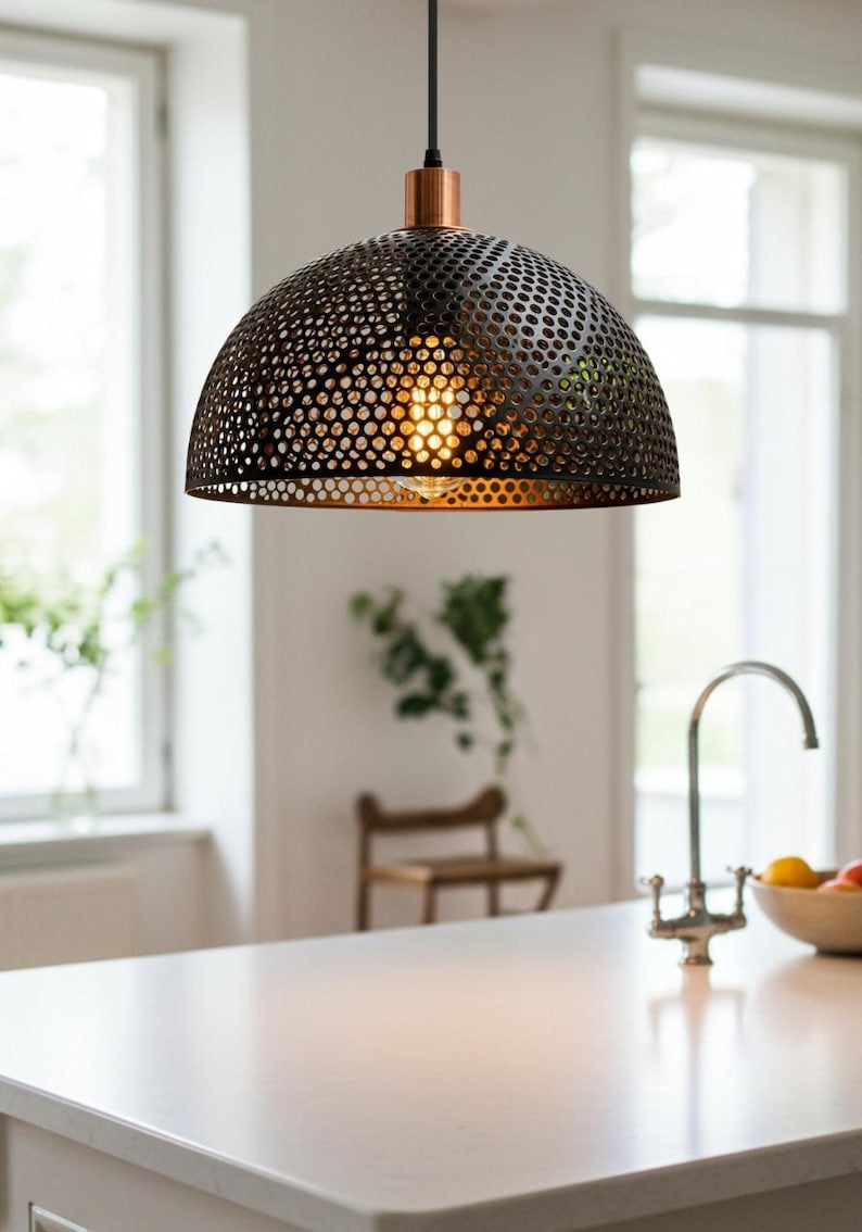 Perforated Black Brass Dome Pendant Light – Copper Accent Moroccan Kitchen Island Chandelier
