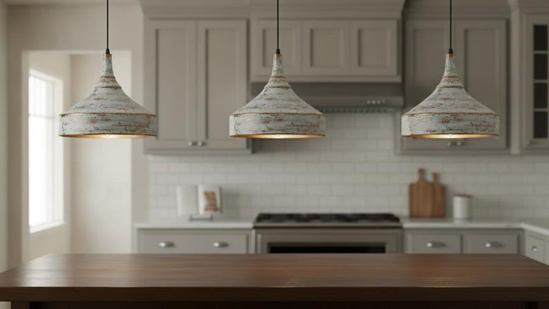 Handmade Moroccan Brass Pendant Light – Distressed White Patina Cone Ceiling Lamp, Rustic Farmhouse Kitchen Island Fixture