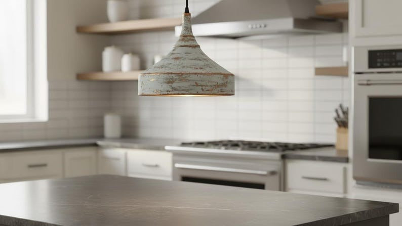 Handmade Moroccan Brass Pendant Light – Distressed White Patina Cone Ceiling Lamp, Rustic Farmhouse Kitchen Island Fixture