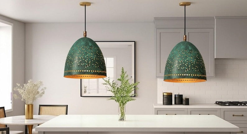 Handmade Green Patina Brass Pendant Light – Moroccan Dome Pendant Lamp with Pierced Star Pattern for Kitchen Island, Dining Room & Boho Home Décor