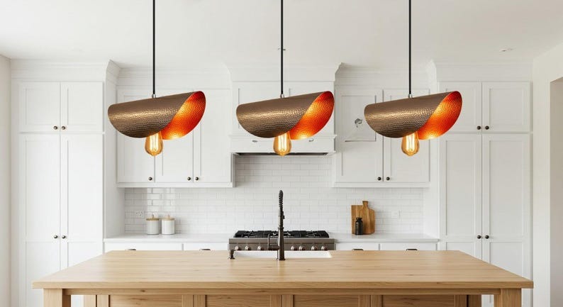 Hammered Brass Linear Pendant Light – Two-Tone Antique Brass and Copper Kitchen Island Fixture