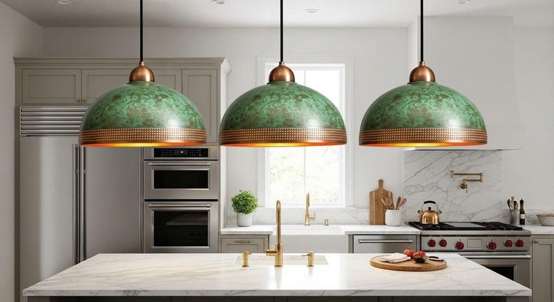 Green Patina Copper Pendant Light, Handmade Dome Ceiling Lamp, Rustic Moroccan Kitchen Island Chandelier with Copper Rim