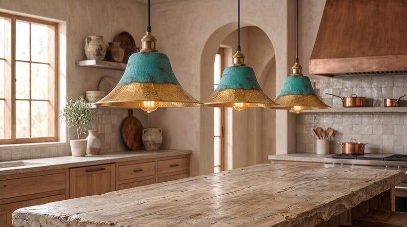 Handmade Brass Moroccan Pendant Light – Verdigris Green Patina & Hammered Brass Dome Kitchen Island Hanging Lamp, Boho Farmhouse Ceiling Light Fixture