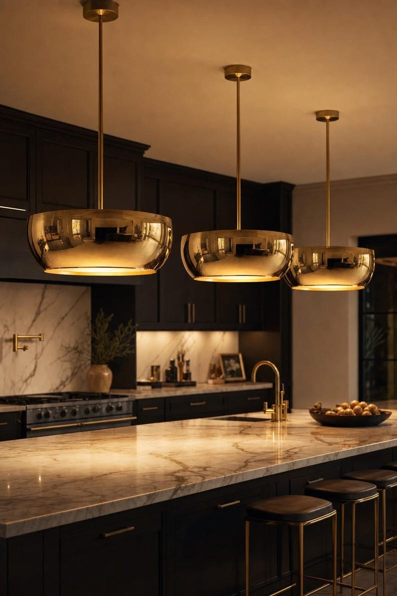 Handmade Polished Brass Pendant Light – Modern Moroccan Bowl Hanging Lamp for Kitchen Island, Dining Room & Luxury Home Decor