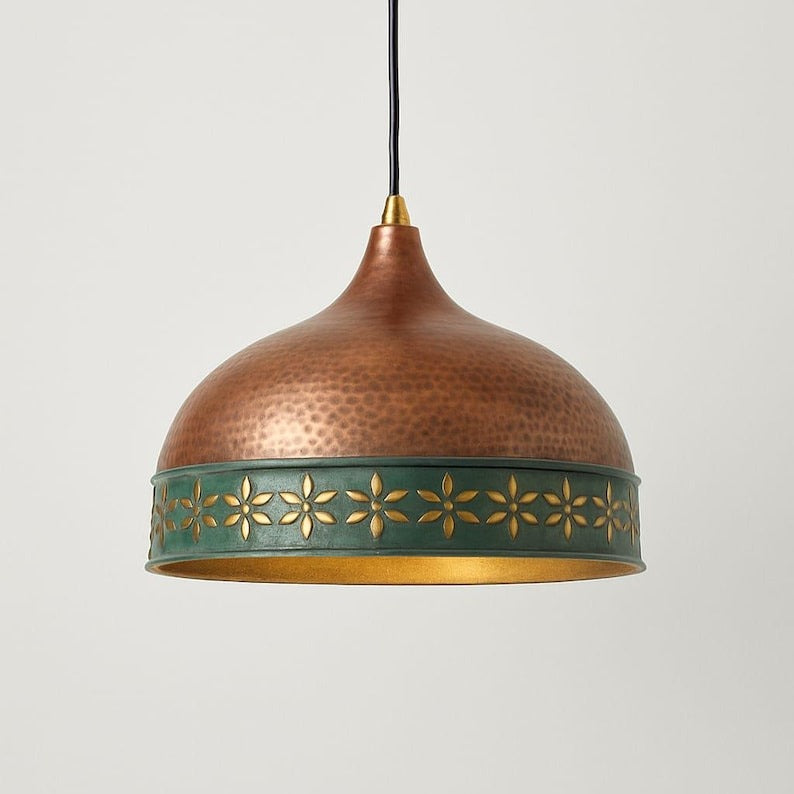 Hammered Brass Dome Pendant Light – Copper & Verdigris Floral Moroccan Kitchen Island Chandelier